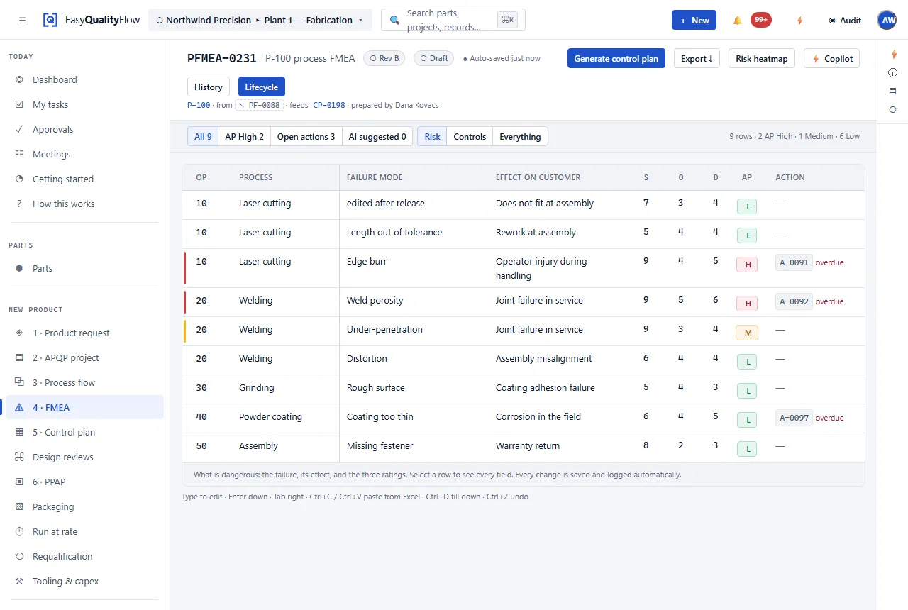 A PFMEA in AIAG-VDA structure: operation, process step, failure mode, effect on the customer, severity, occurrence, detection and action priority.
